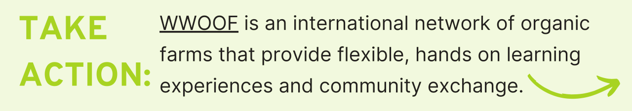 Take Action: WWOOF is an international network of organic farms that provide flexible, hands on learning experiences and community exchange.