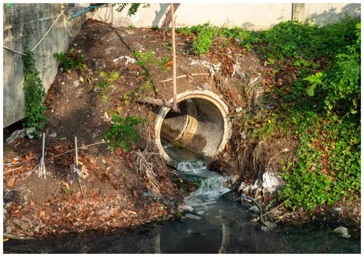 An effluent pipe empties into the water.